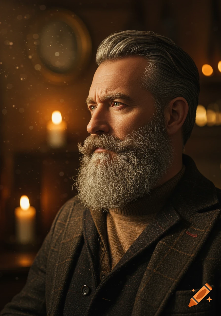 Photorealistic portrait of a serious, grey-haired man with a long grey beard, wearing a brown turtleneck and tweed jacket, in a warmly lit room with candles.