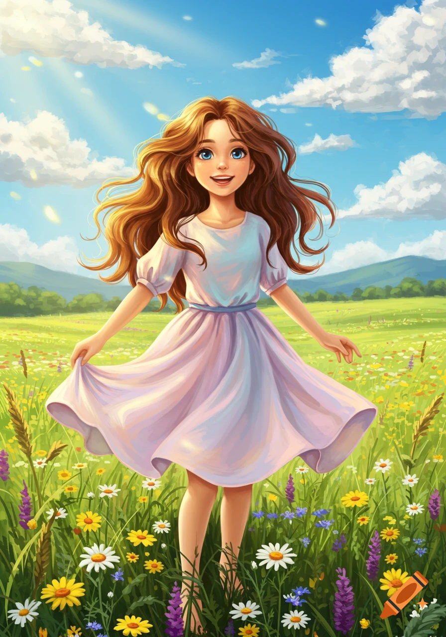 A smiling girl with long brown hair in a white and pink dress stands in a vibrant wildflower field under a sunny blue sky, illustration.