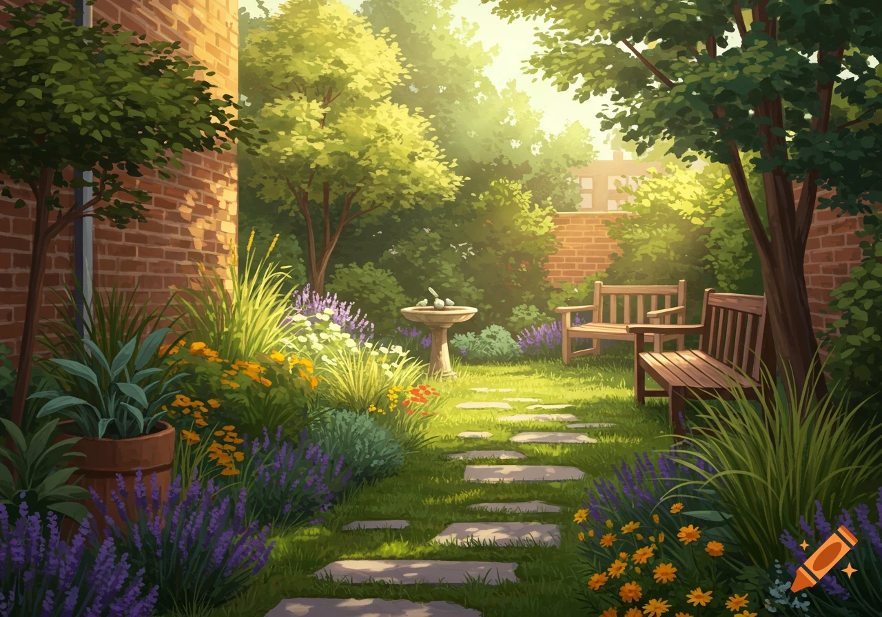 Sunny garden path with stone steps, lush green plants, purple and orange flowers, a birdbath, and two wooden benches, in an illustrative style.