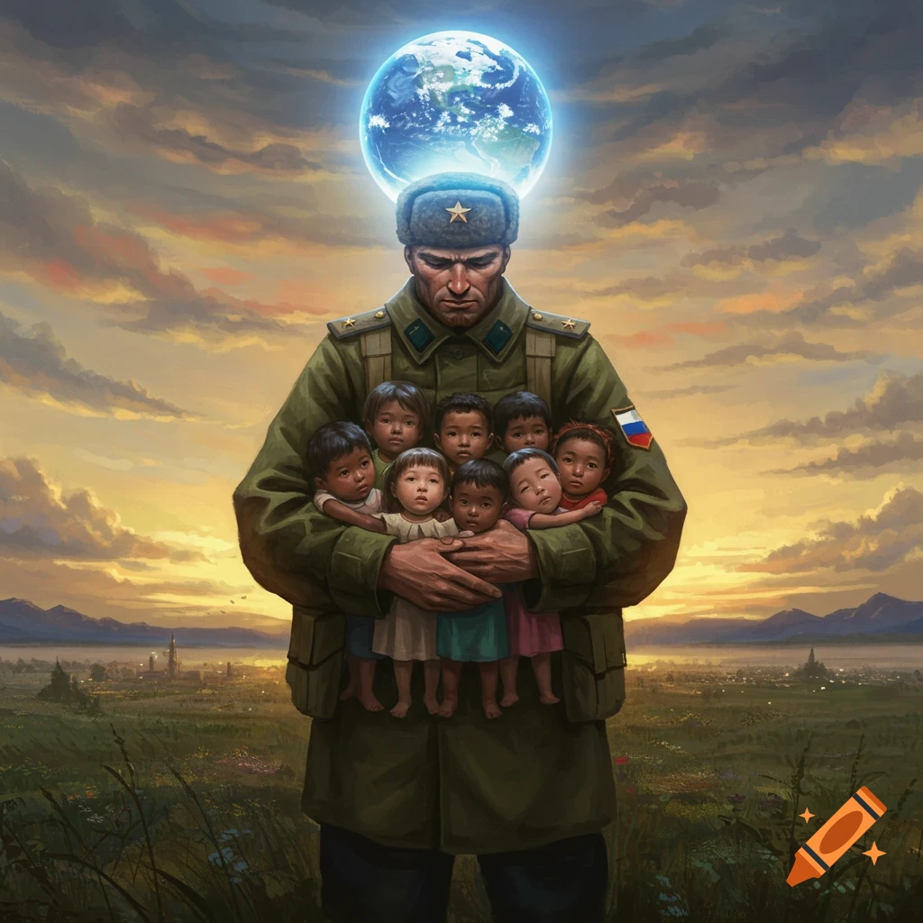 A stoic Russian soldier in uniform holds a group of children close, with a glowing Earth hovering above his head at sunset in a vast landscape.