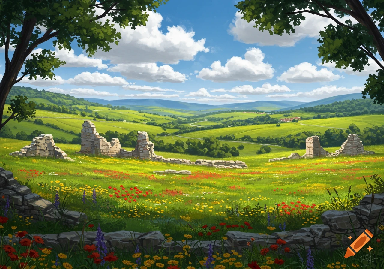 A vibrant, illustrative landscape showing green rolling hills, a field of wildflowers, and ancient stone ruins under a blue sky.
