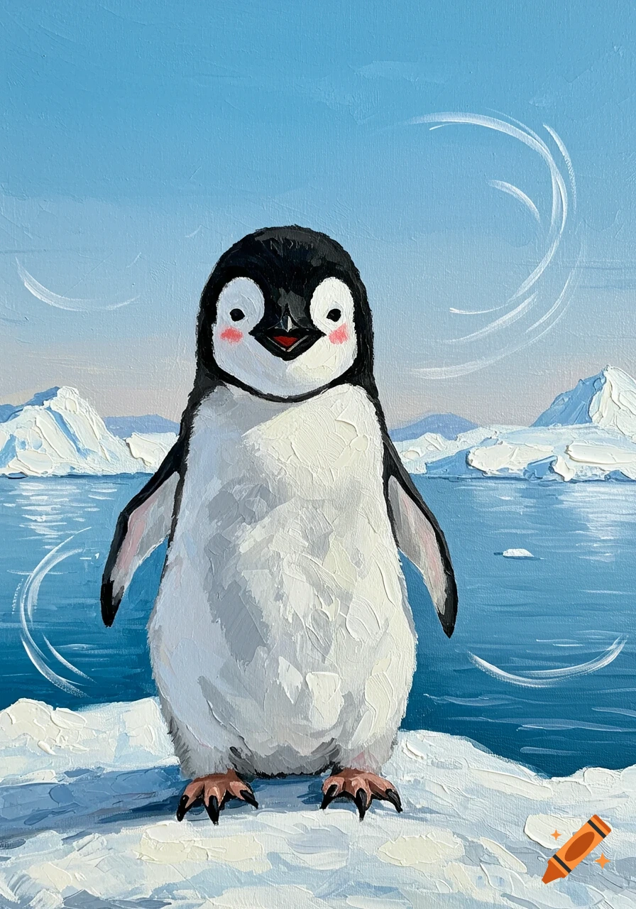 Acrylic painting of a cute, happy Adélie penguin chick with rosy cheeks standing on an ice floe amidst an icy ocean and icebergs under a blue sky.