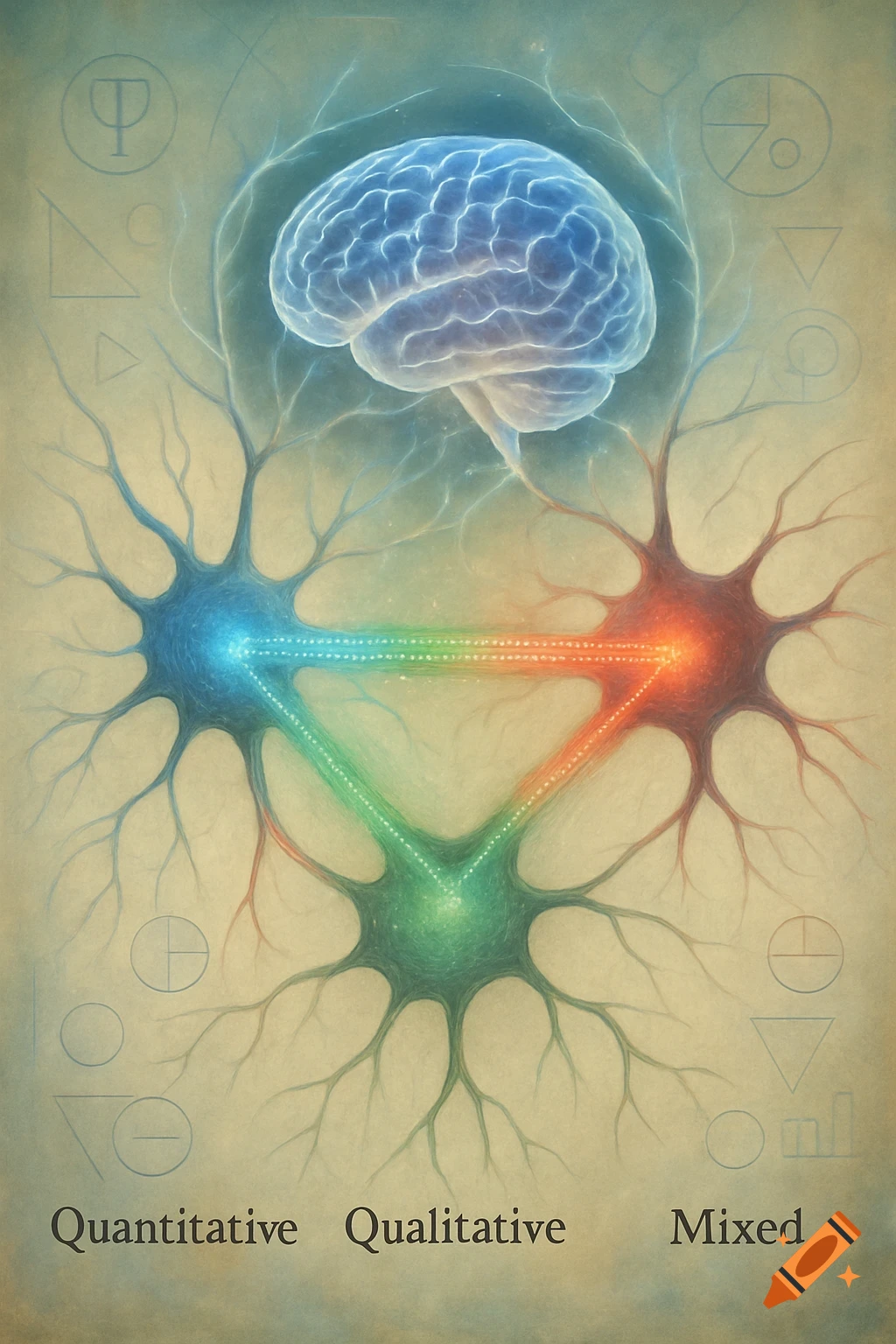 A glowing human brain connected to three multicolored neurons forming a triangle, with abstract symbols and text.