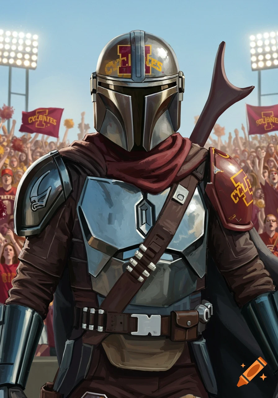 A stylized Mandalorian character in beskar armor and a red scarf, with the Iowa State Cyclones logo on his helmet and shoulder, stands in a stadium filled with cheering fans and flags. The character holds a rifle on his back.