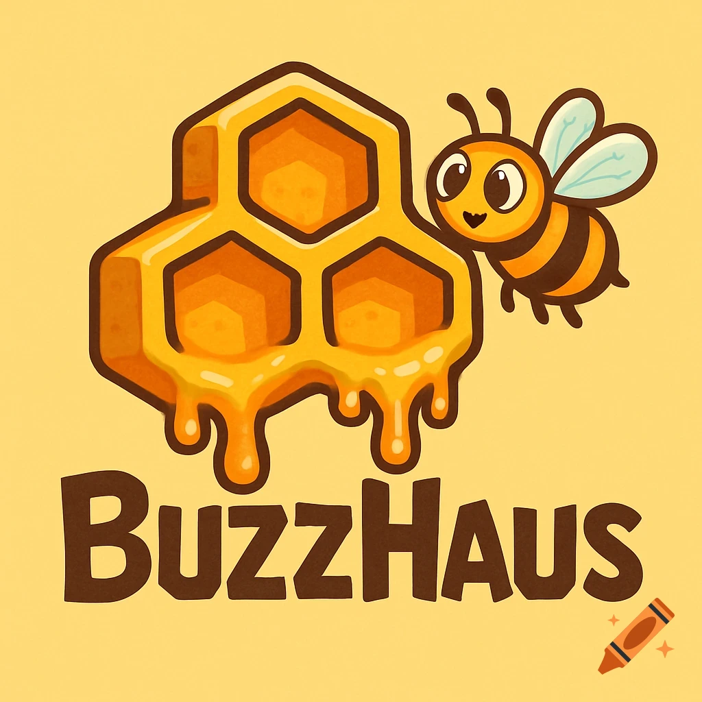 A cartoon logo featuring a smiling bee next to a honeycomb dripping with honey, with 'BuzzHaus' text below.