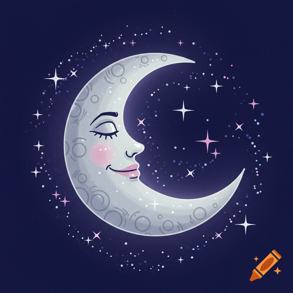 Stylized crescent moon with a friendly face, blush, and pink lips, surrounded by sparkling white and pink stars in a dark blue night sky.