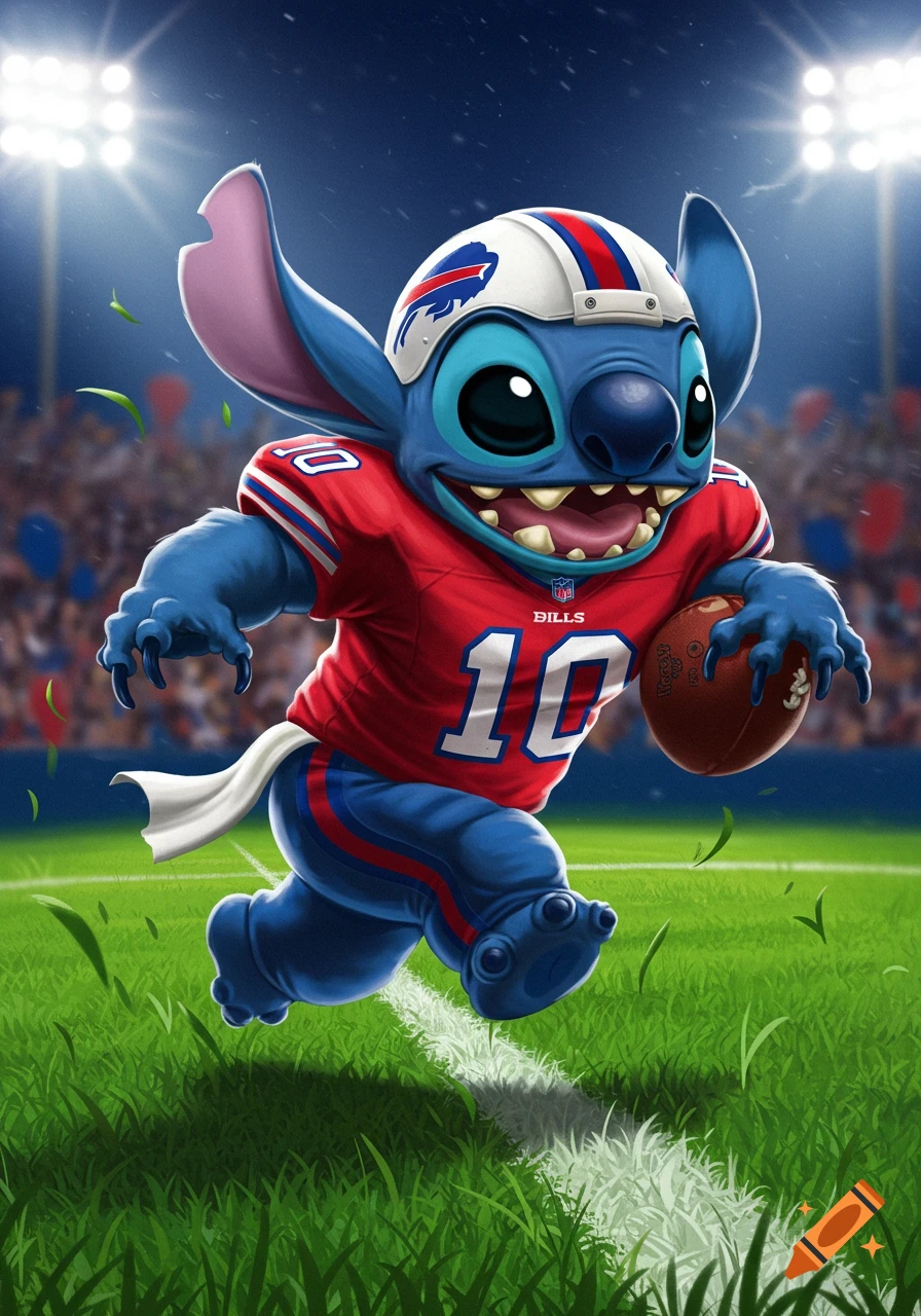 Cartoon Stitch, wearing a red Buffalo Bills football uniform and helmet, runs with a football on a green field in a stadium.