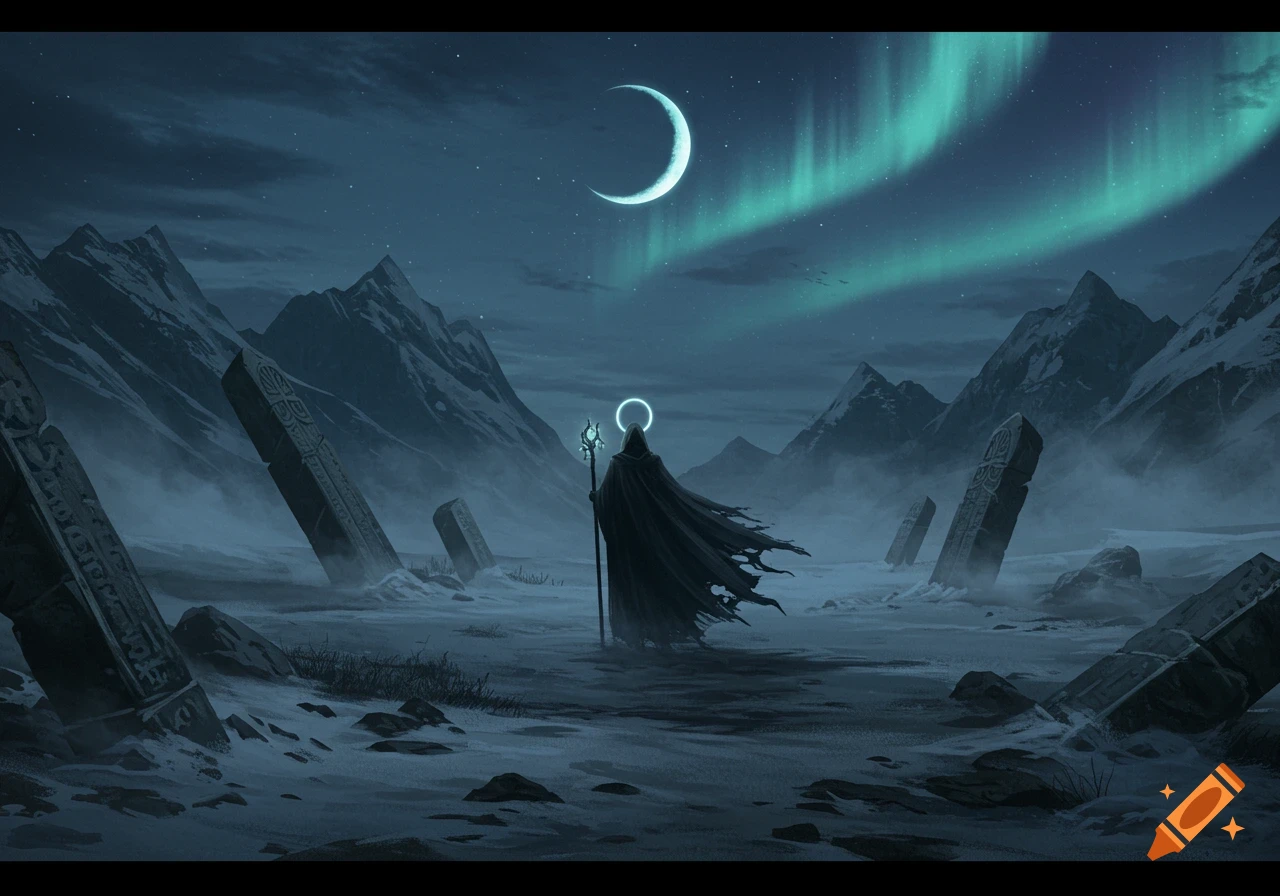 A cloaked figure with a glowing halo and staff stands amidst ancient monoliths in a snowy, moonlit mountain landscape under a vibrant aurora borealis, dark fantasy art.