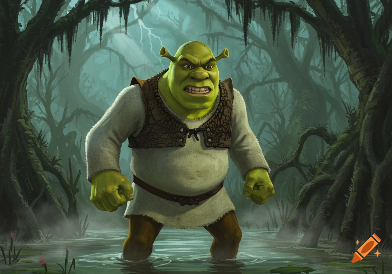 Angry Shrek, a green ogre wearing a white shirt and brown vest, stands in a murky swamp with dark trees.