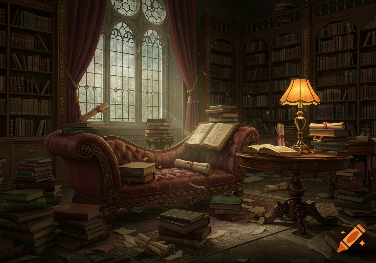 A grand, cluttered library with a red chaise lounge, a table, and the floor covered in open books and scrolls. Gothic windows and tall bookshelves create an atmospheric scene.