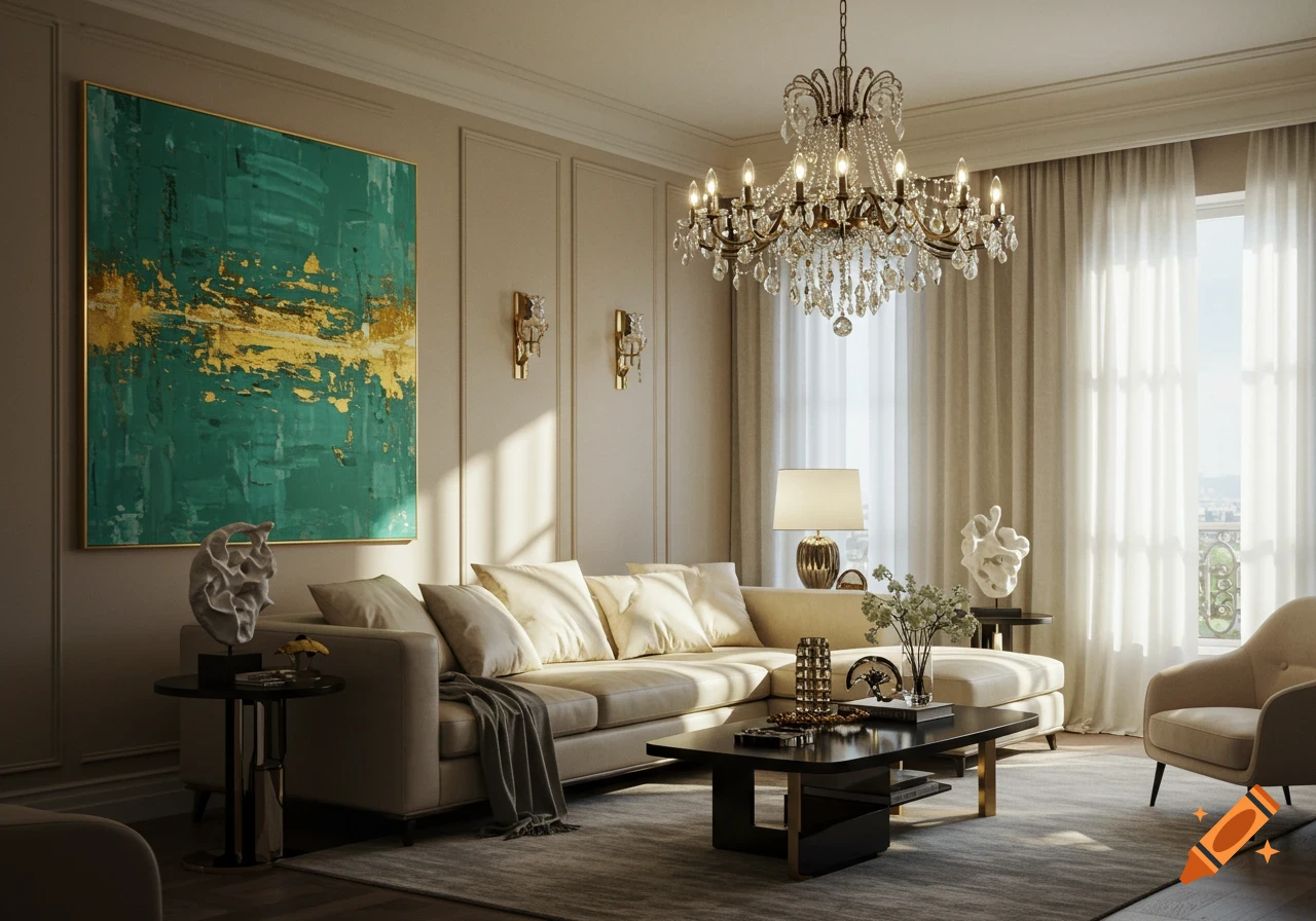 A luxurious contemporary living room with a large light-colored sofa, an ornate chandelier, and abstract green and gold art.