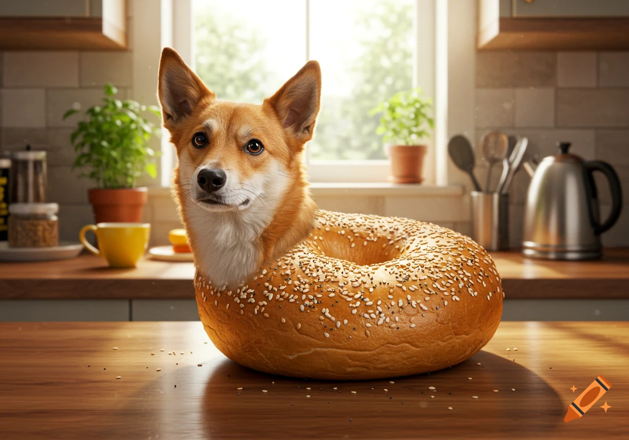 A cute Corgi's head emerging from an everything bagel on a kitchen counter in a sunlit kitchen.