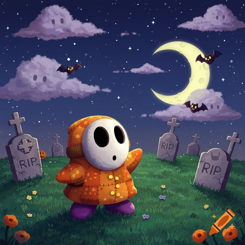 A cartoon Shy Guy in a quilted orange jacket and purple pants stands in a spooky graveyard at night under a crescent moon with ghost clouds and bats.