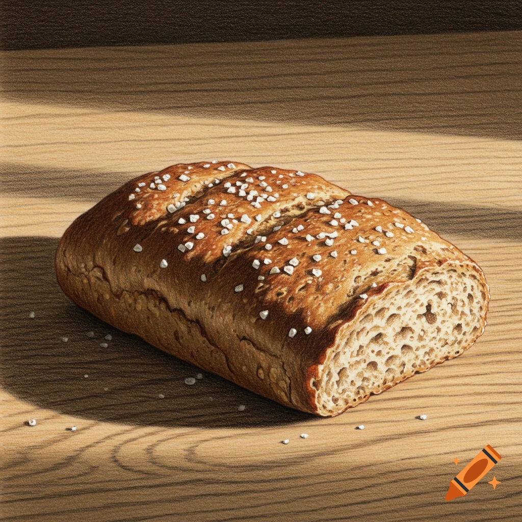 A colored pencil drawing of a loaf of salted bread on a wooden table, illuminated by a warm light.