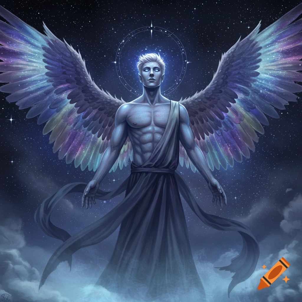 Muscular male angel with glowing eyes and rainbow wings stands in clouds against a starry night sky, fantasy digital art.