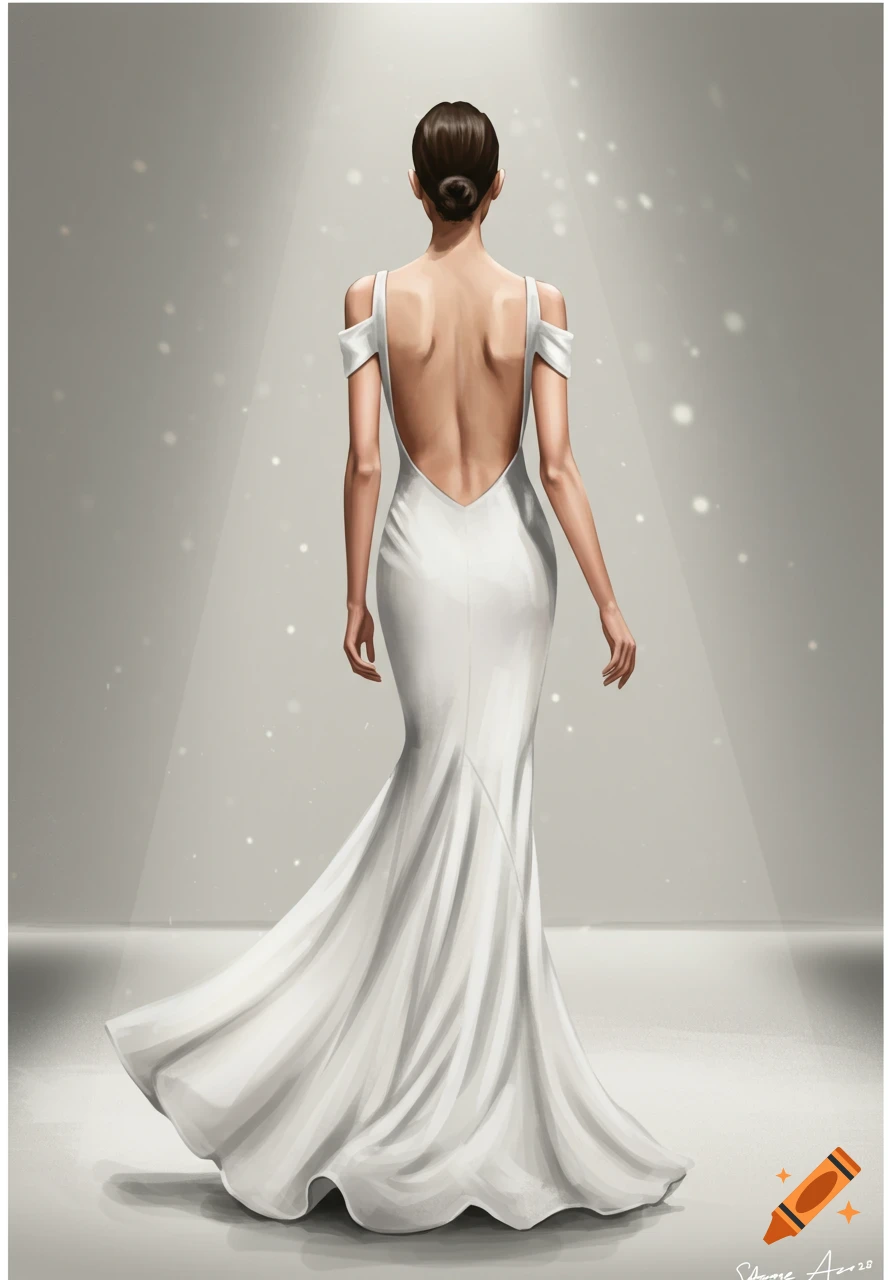 Illustration of a woman in an elegant, backless white gown, walking away from the viewer under a spotlight.