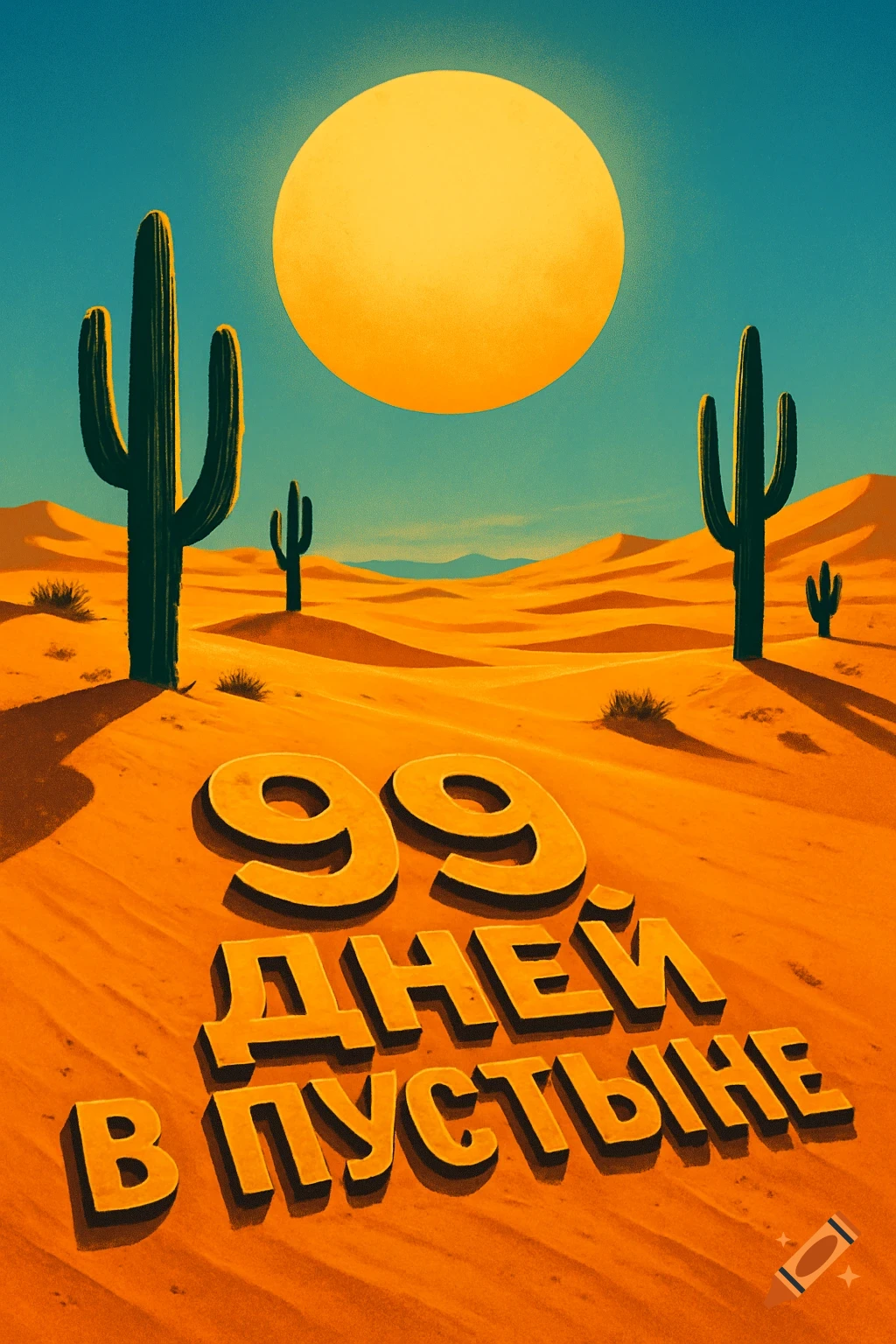 A stylized desert landscape with a large yellow sun, saguaro cacti, and large text '99 ДНЕЙ В ПУСТЫНЕ' in the foreground.