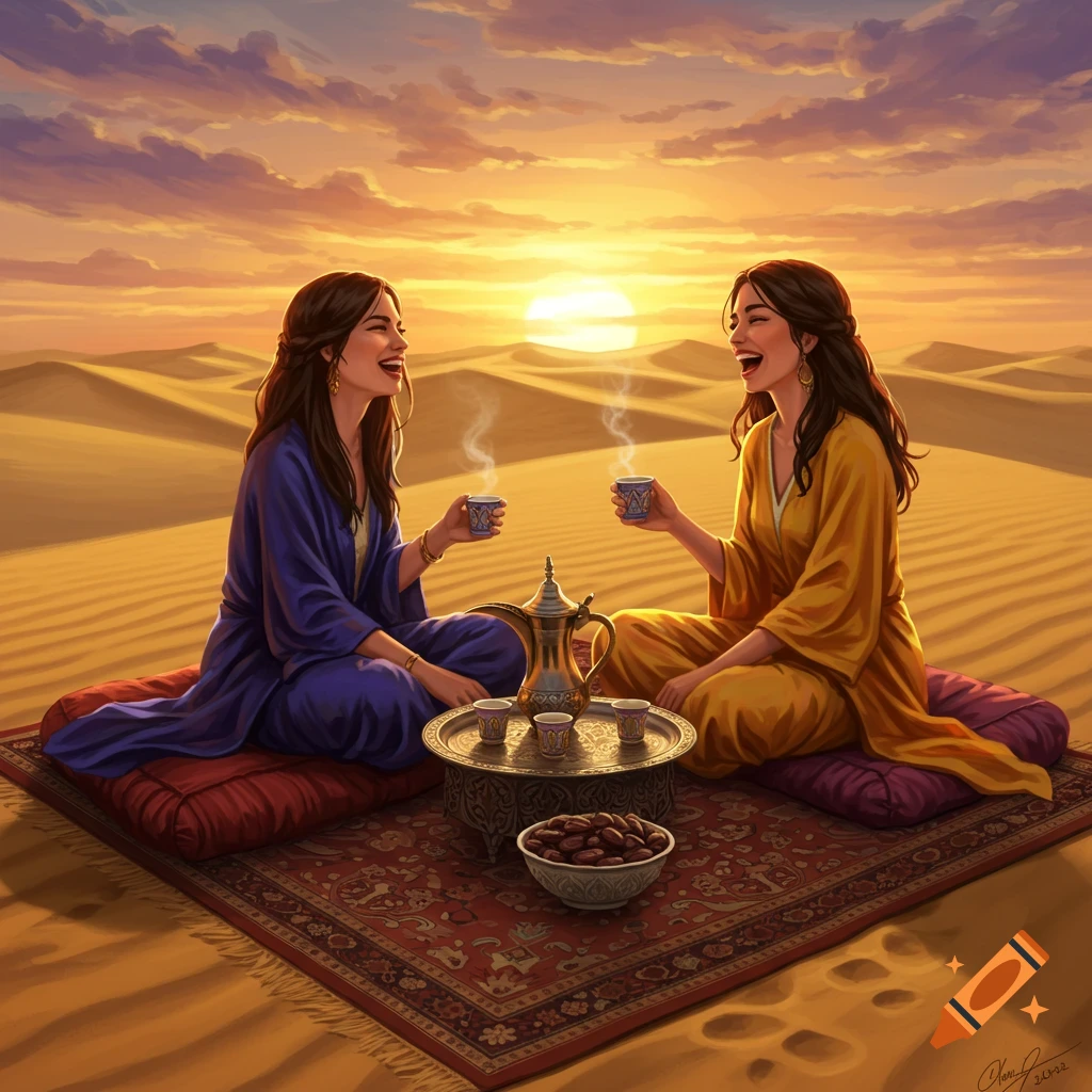 Two women in traditional attire sit on a rug in a desert at sunset, laughing while drinking coffee and sharing dates. Digital painting.