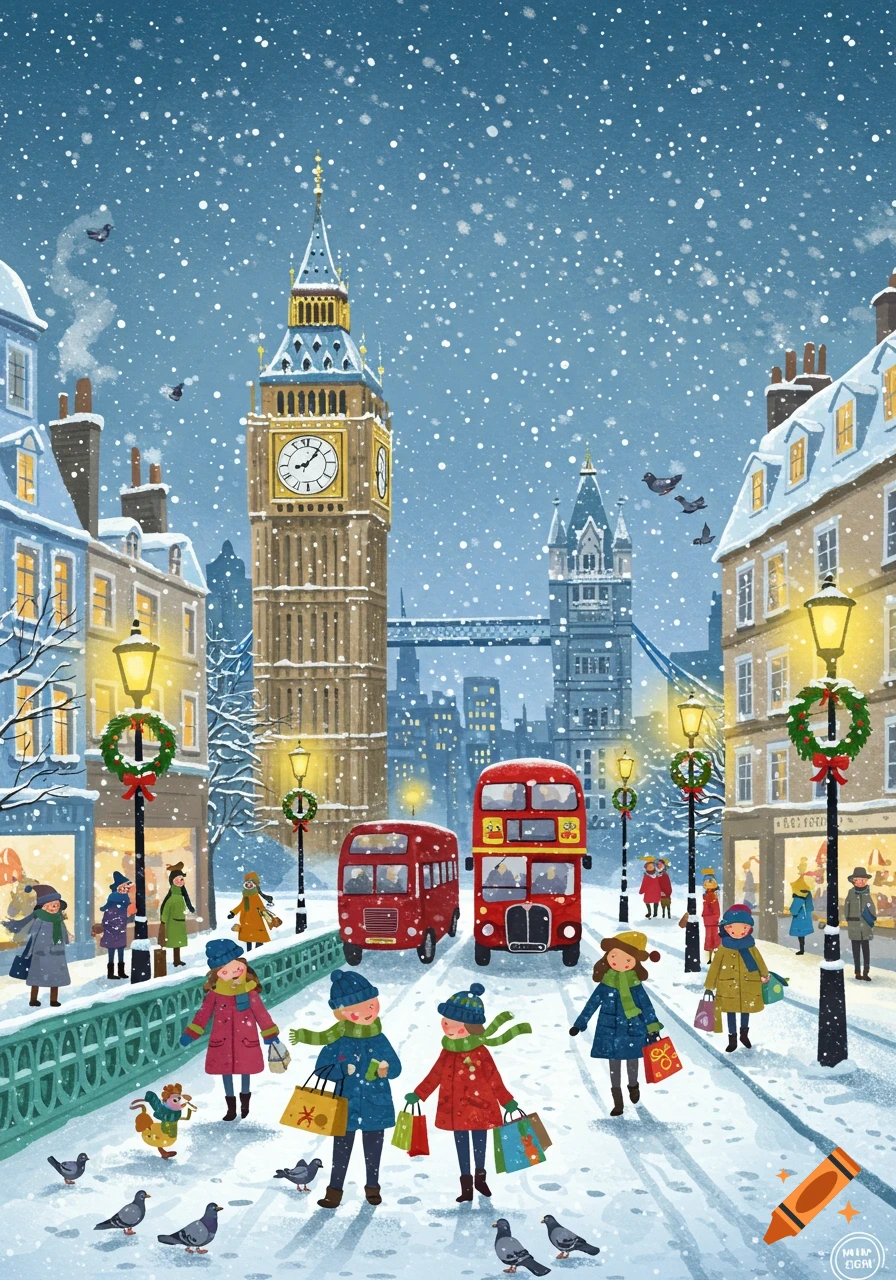 A cartoon illustration of a snowy London street with Big Ben, red buses, shoppers, and Tower Bridge in the background.