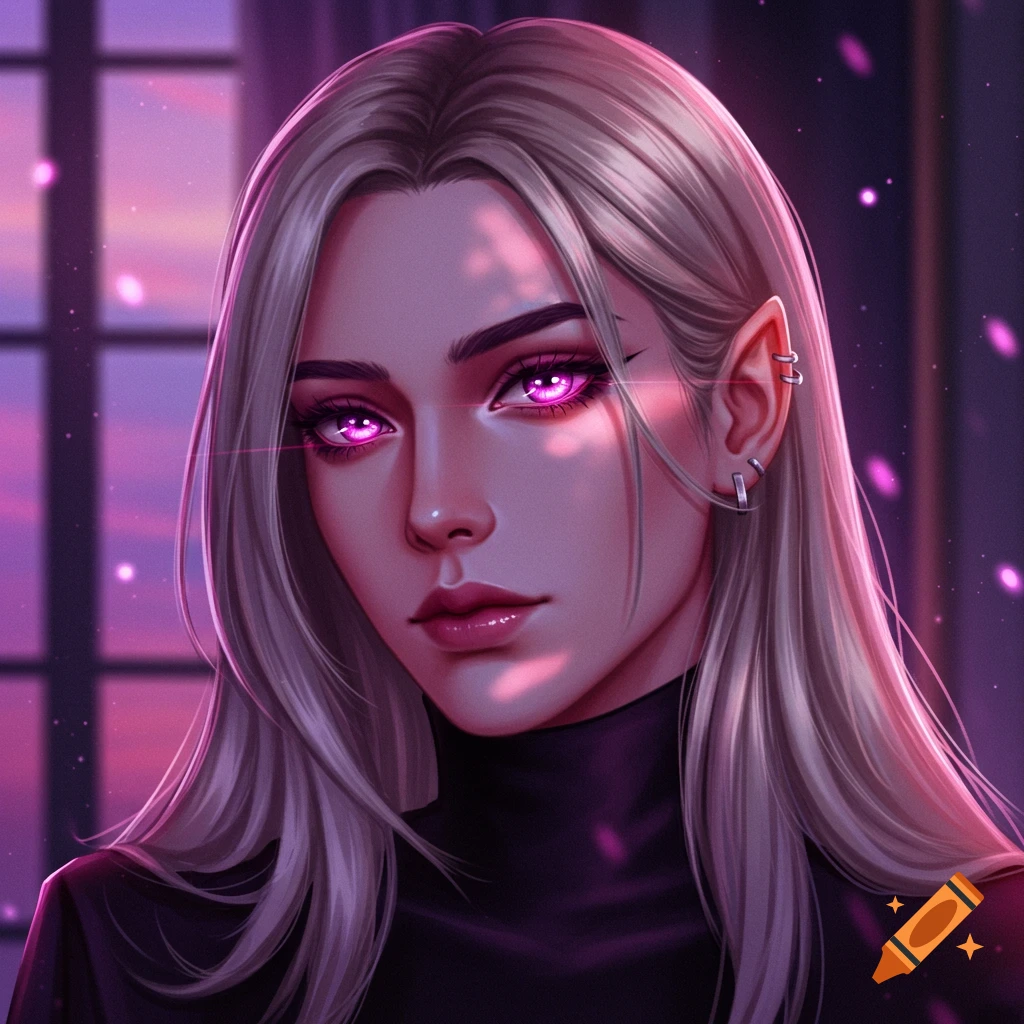 A digital art portrait of a woman with long light hair, glowing magenta eyes, pointed ears, and a black turtleneck, against a blurred purple and pink background.
