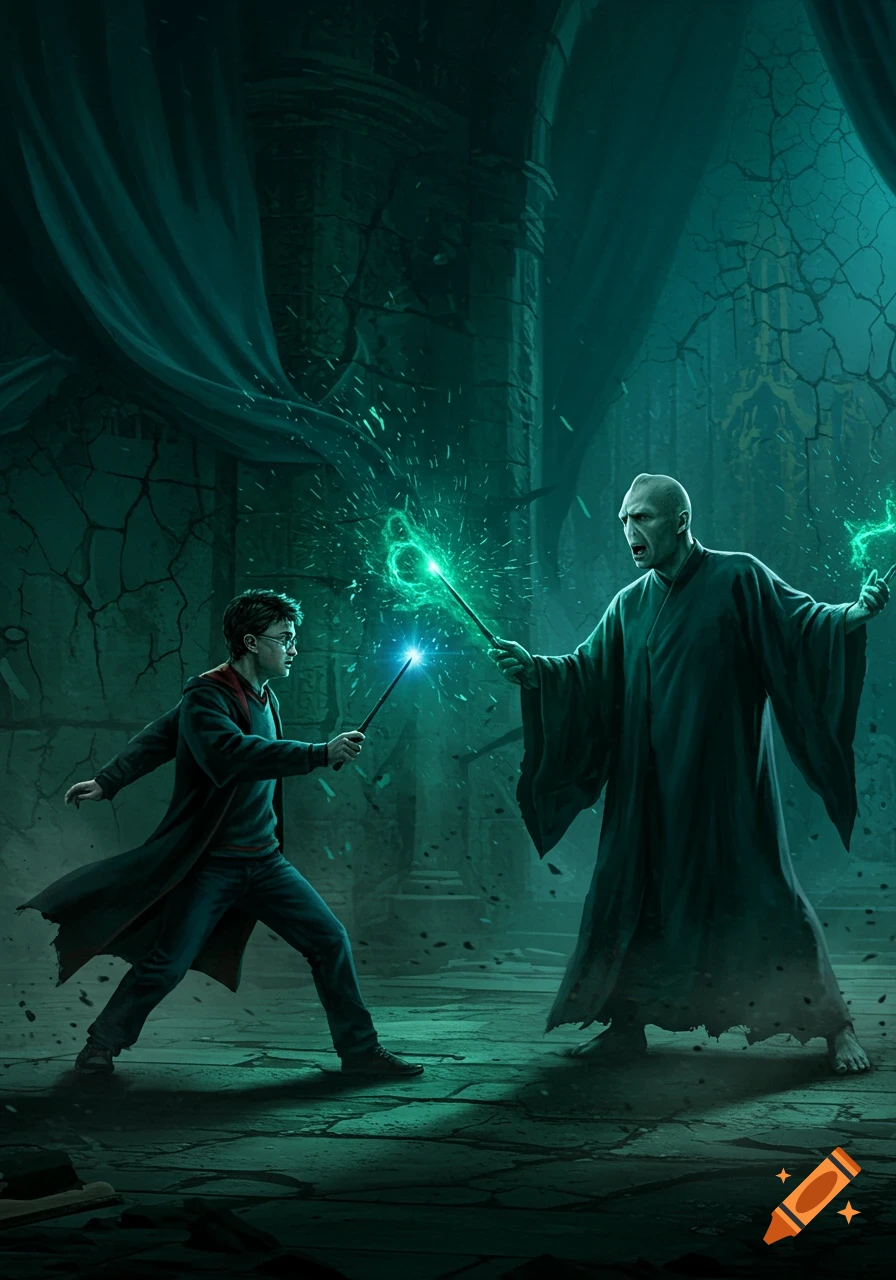 Harry Potter and Voldemort duel with glowing wands in a dark, ruined chamber, casting bright green and blue spells.