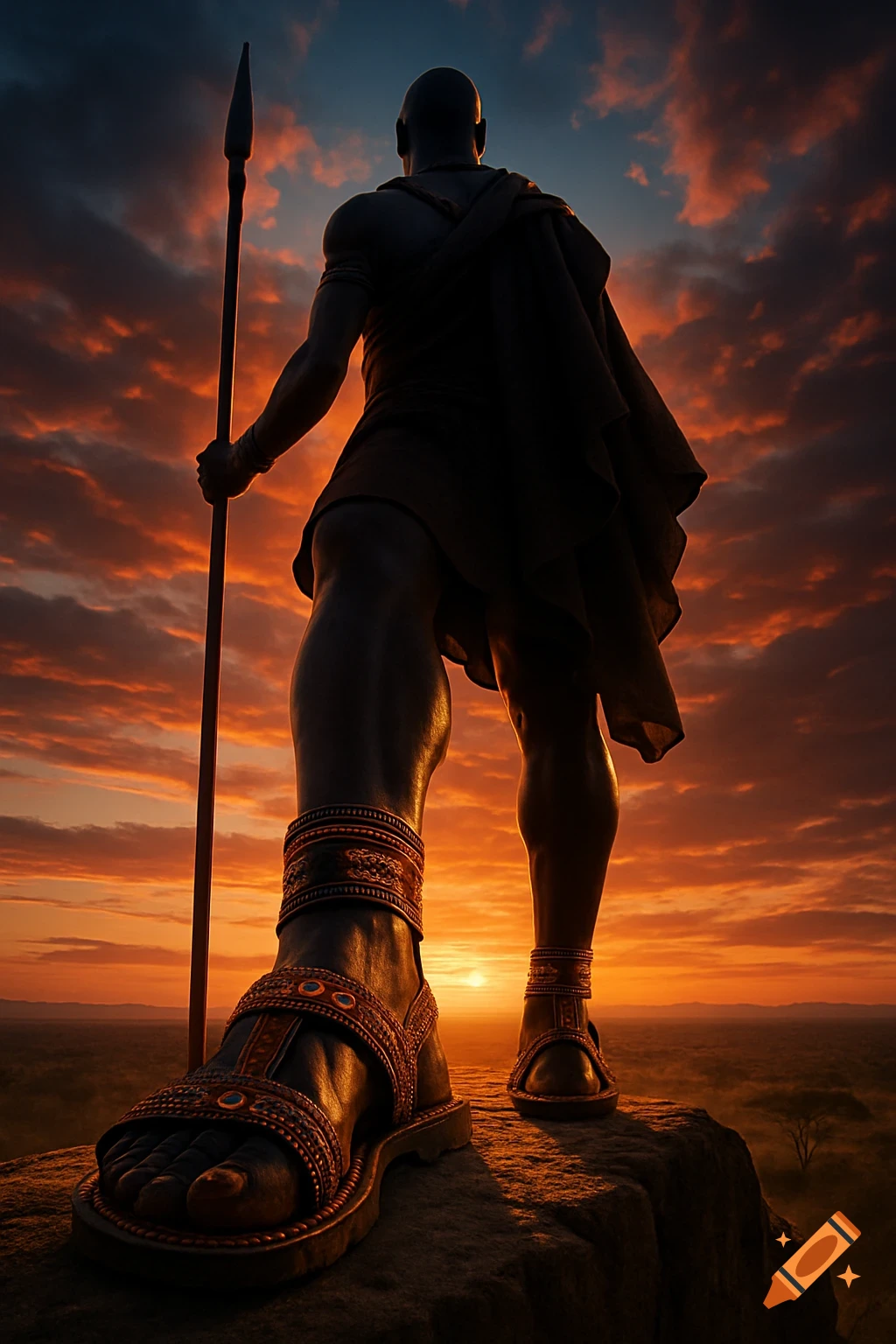 A silhouetted African warrior in sandals stands on a cliff, holding a spear, against a dramatic sunset sky in a photorealistic style.