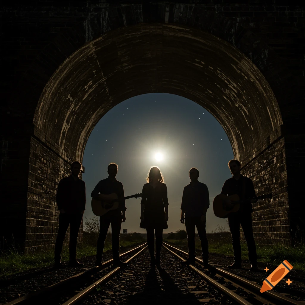 Five people, including a woman and two men with guitars, stand in silhouette on railway tracks under a brick arch, illuminated by a bright moon.
