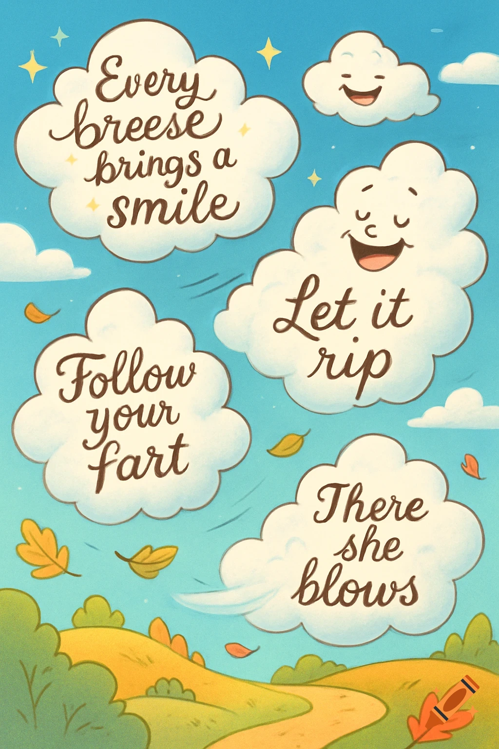 A cartoon illustration with smiling clouds and a landscape. Text reads: 'Every breeze brings a smile', 'Let it rip', 'Follow your fart', 'There she blows'.