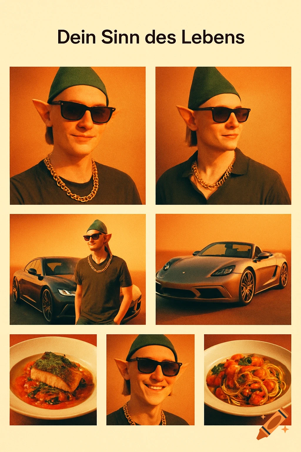 A grid of 6 panels featuring a stylish elf-eared influencer with sunglasses, a green beanie, and a gold chain, alongside luxury cars and dishes of food, in a warm, slightly noisy Firewatch-inspired style. The text at the top reads 'Dein Sinn des Lebens'.