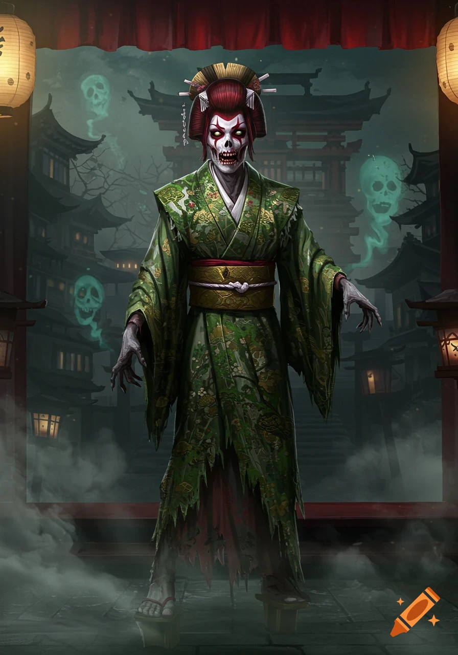 A full-body illustration of a zombie geisha in a tattered green kimono, with skeletal features and red hair, standing in a misty Japanese setting with glowing ghost skulls and traditional architecture.