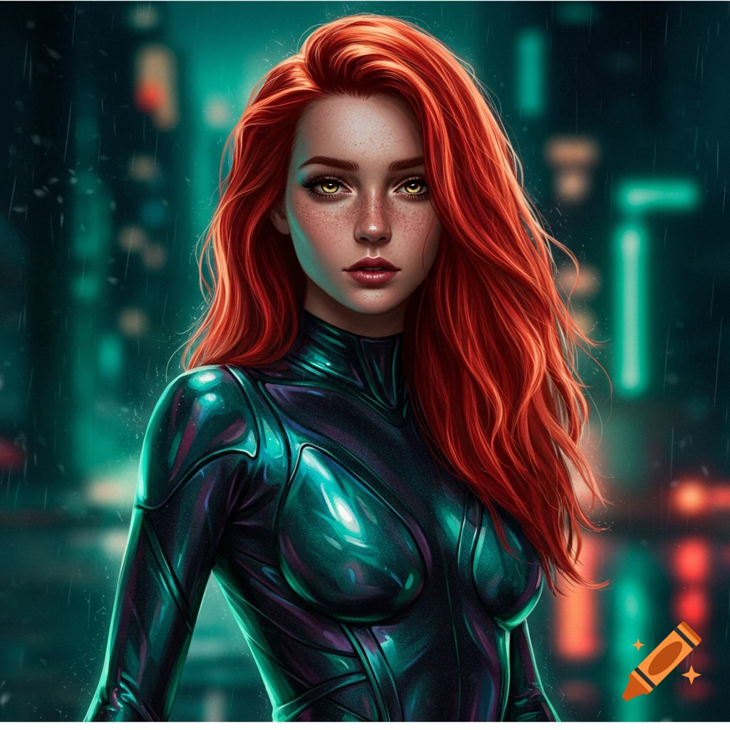 A portrait of a woman with long red hair, freckles, and glowing yellow eyes, wearing a shiny black and green suit against a blurry, rainy city night background.