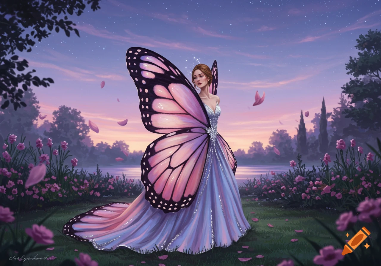 A fantasy illustration of a woman with pink and black butterfly wings and a sparkling gown in a magical garden at sunset.