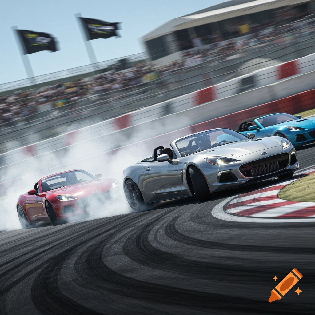 Photorealistic image of three convertible racing cars drifting on a track corner, smoke from tires, spectators blurred in background.