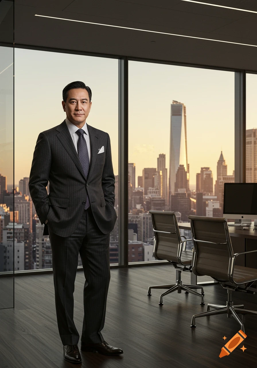 A photorealistic businessman in a pinstripe suit stands in a modern office overlooking a city skyline at sunset.