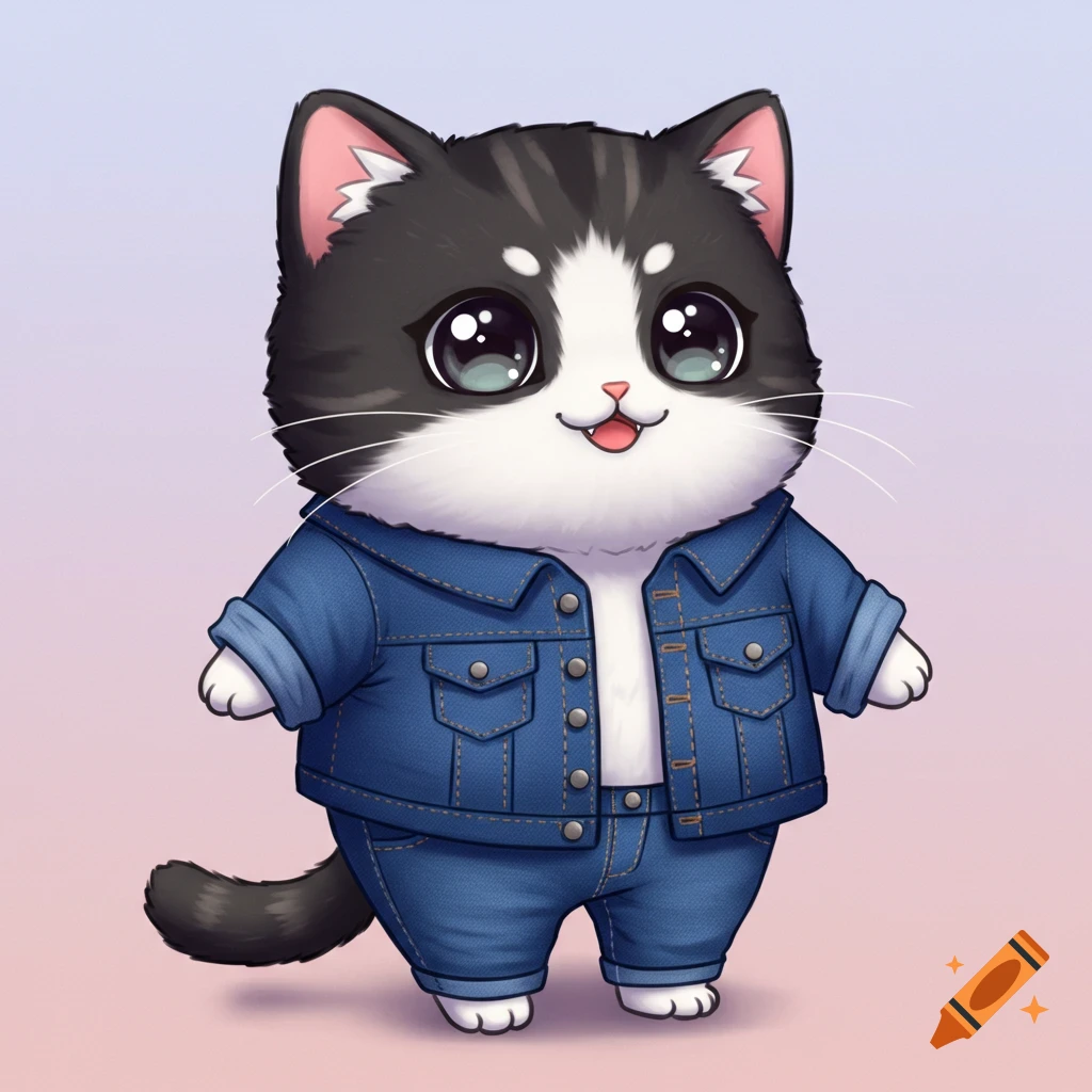 A cute chibi-style Hachiware cat, black and white, with big eyes, wearing a detailed denim jacket and jeans, smiling happily against a soft gradient background.
