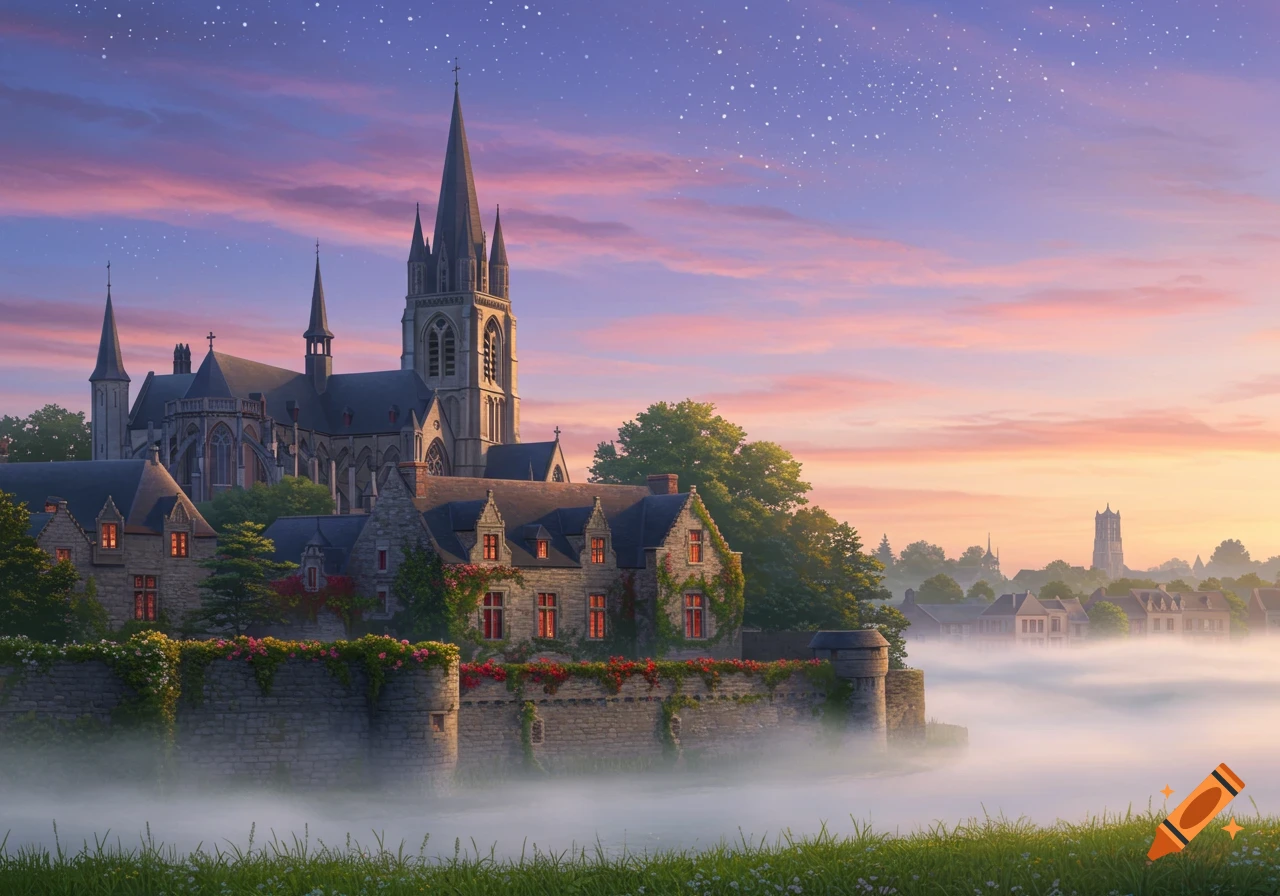 Dreamlike illustration of a Gothic church and old stone houses by a misty river at sunrise, under a pink and purple sky with stars.