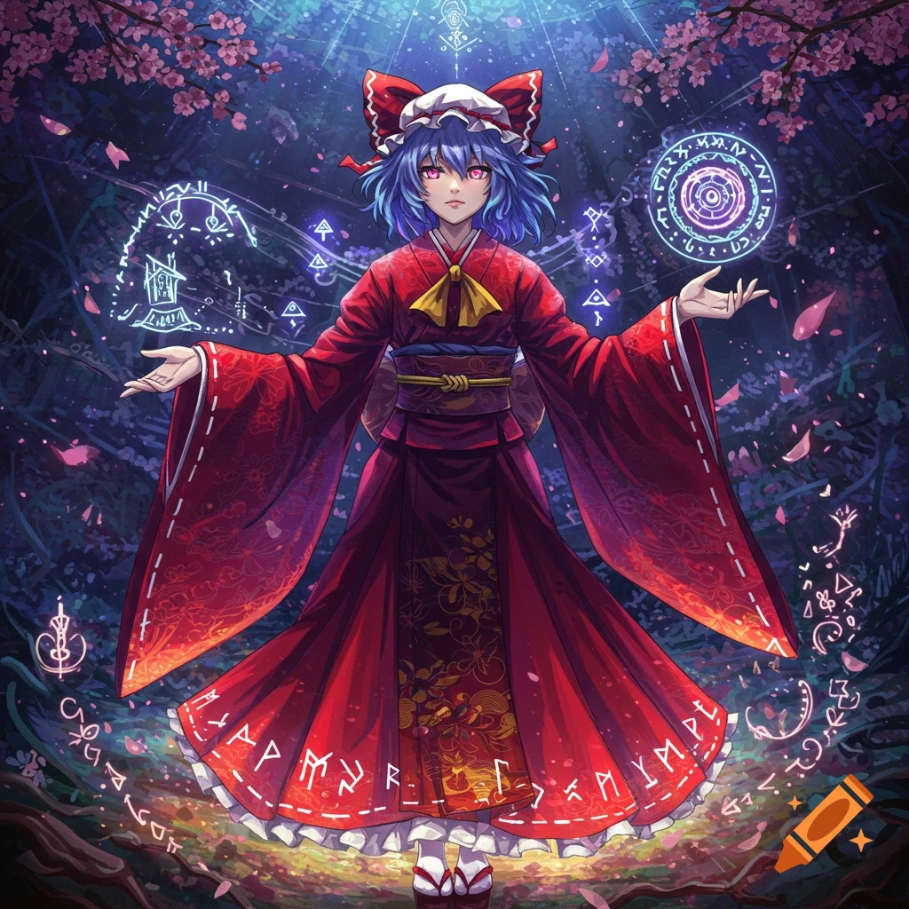 Anime girl with blue hair in a red kimono stands in a mystical forest with glowing runes and cherry blossoms.
