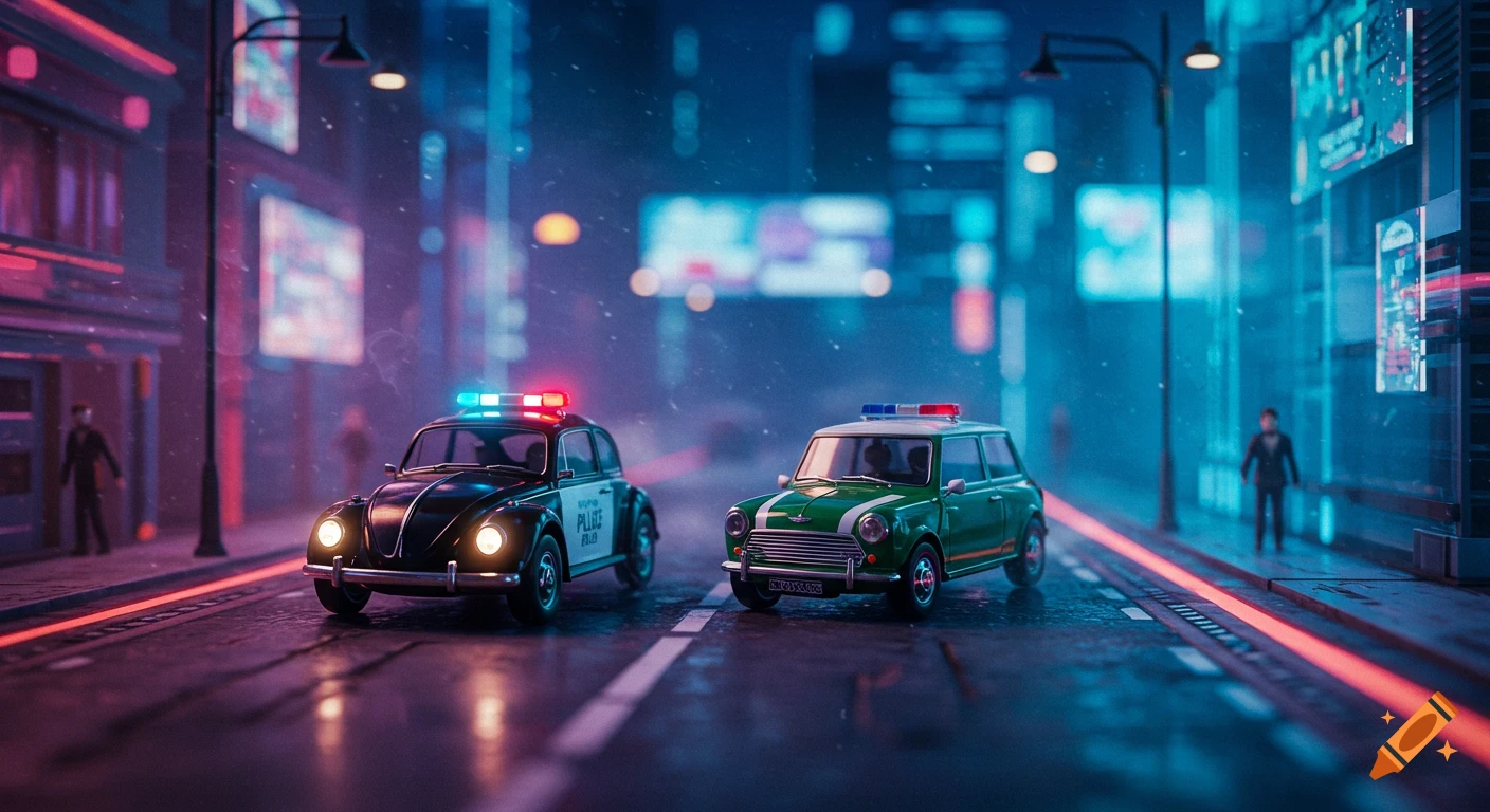 A macro shot of two toy cars, a black police Beetle and a green Mini Cooper, on a wet futuristic city street at night, with neon reflections.