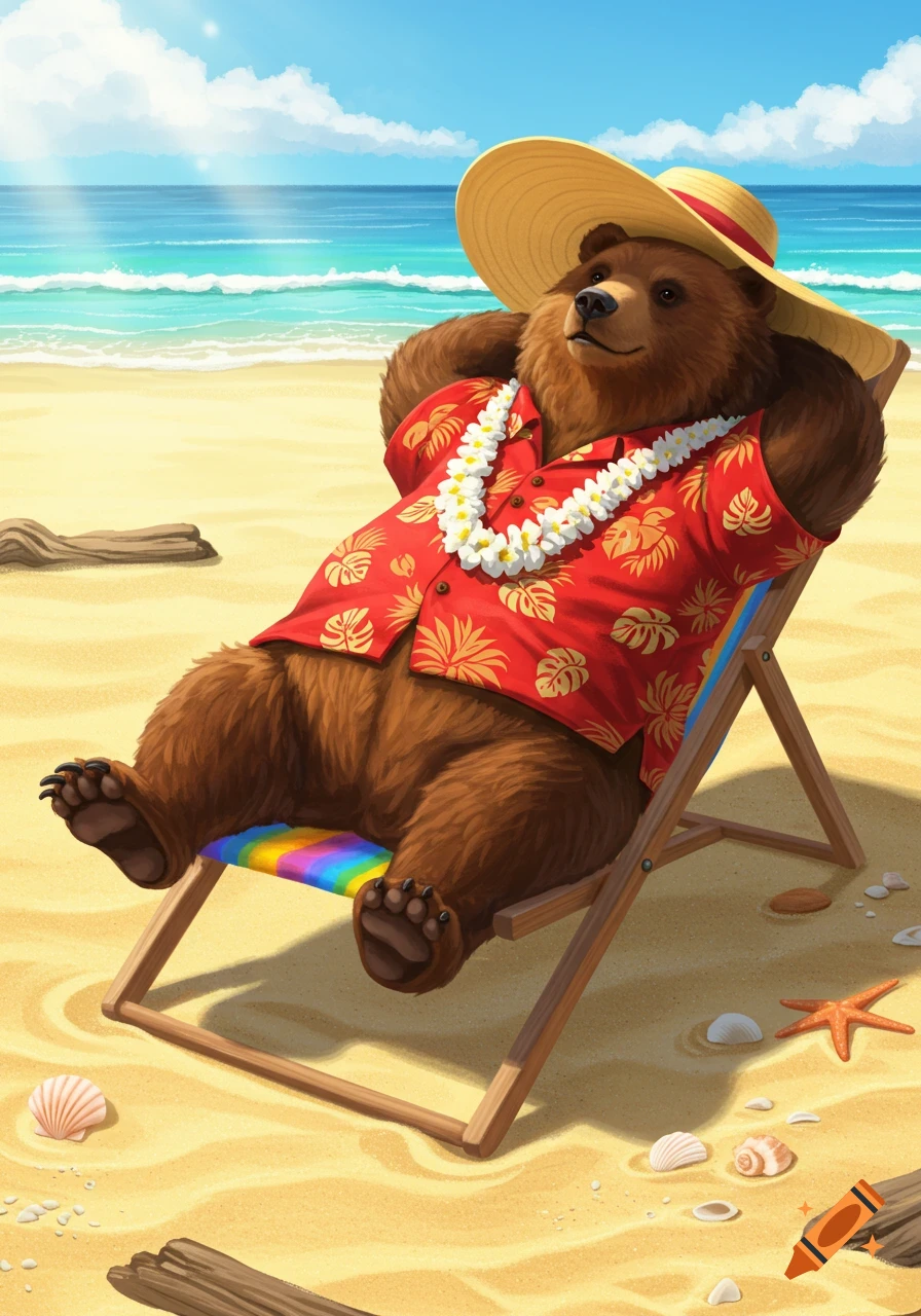 A cartoon brown bear wearing a red Hawaiian shirt and straw hat relaxes on a lounge chair on a sunny beach with the ocean in the background.