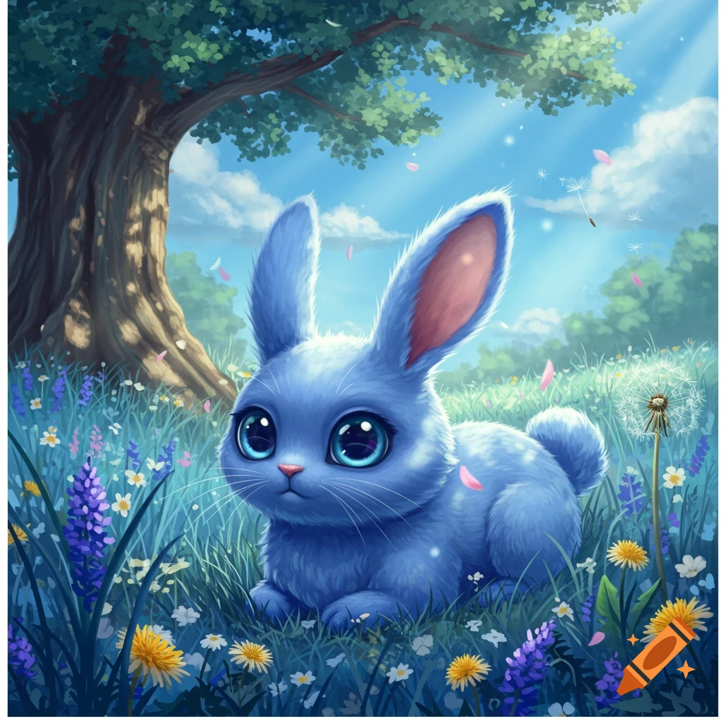 A fluffy blue bunny with large, reflective eyes sits in a vibrant meadow among wildflowers under a tree and sunny blue sky.