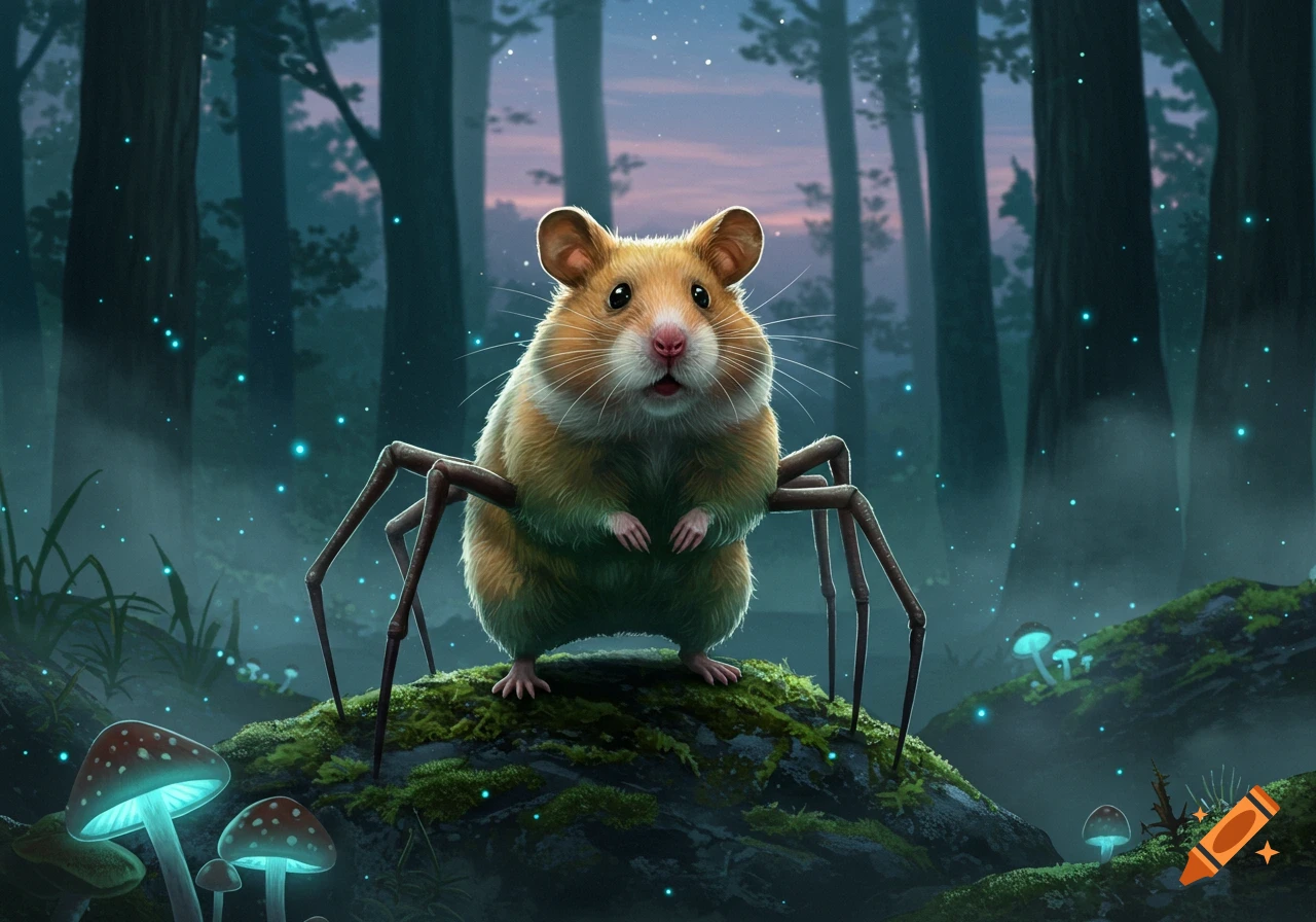 A fluffy hamster with spider legs stands on a mossy rock in a magical forest with glowing mushrooms and fireflies, digital art.