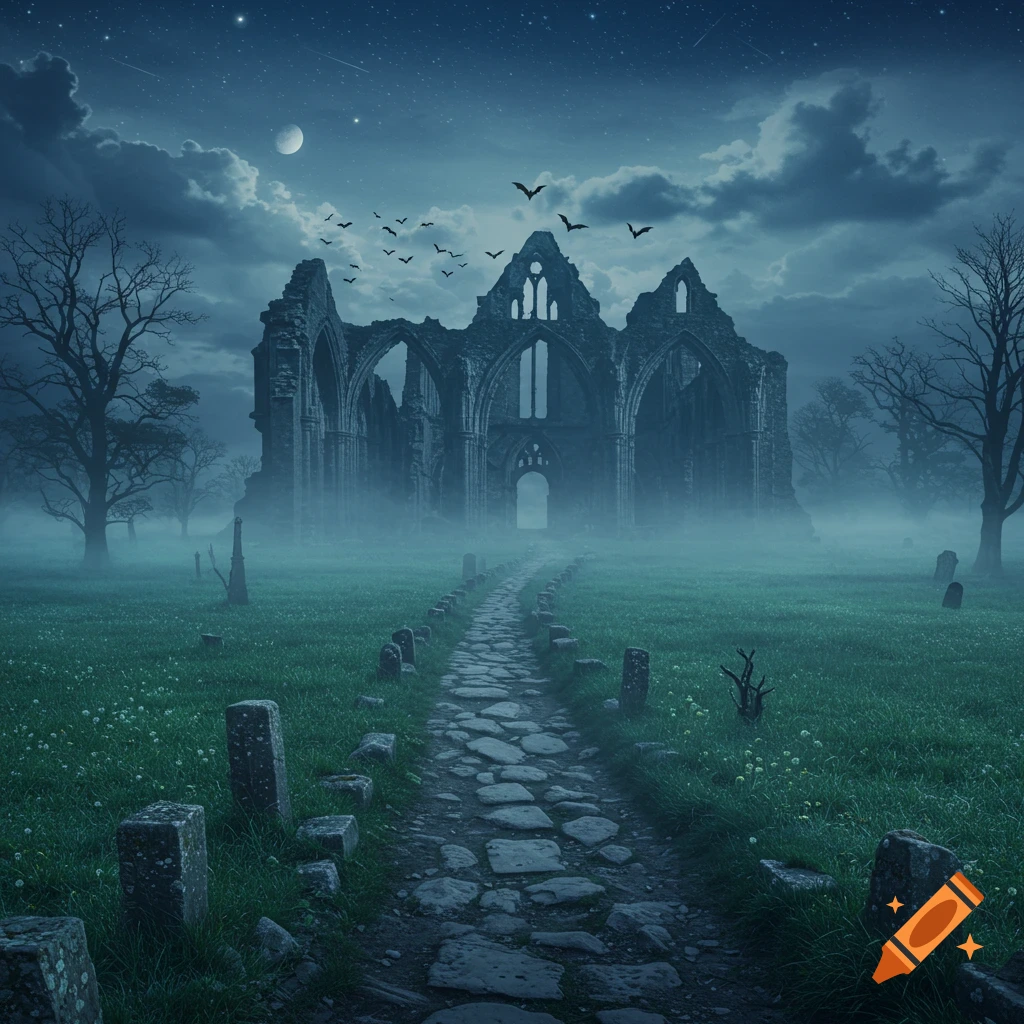A stone path leads through a foggy, moonlit meadow to a ruined Gothic monastery, with bats flying overhead and bare trees.