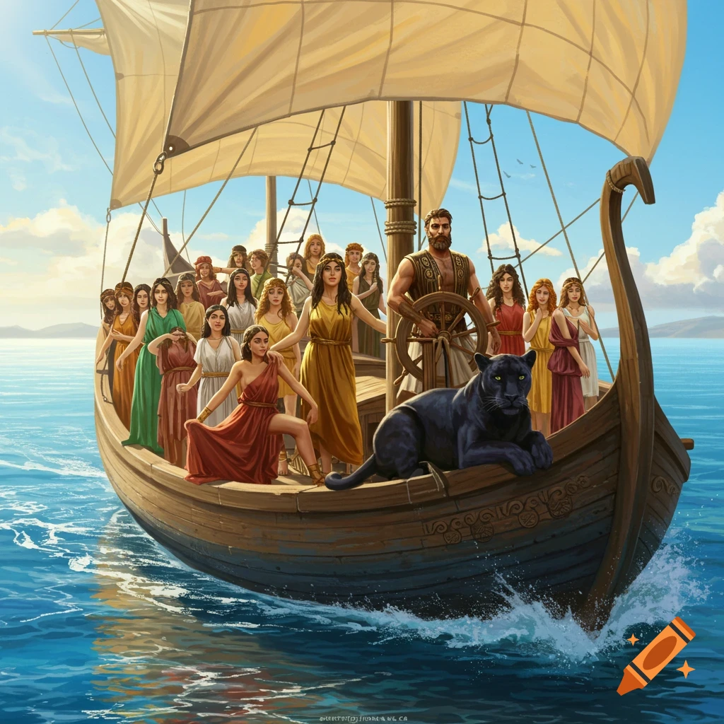 A bearded man steers a large ancient sailing ship carrying many women and a black panther on a sunny ocean.