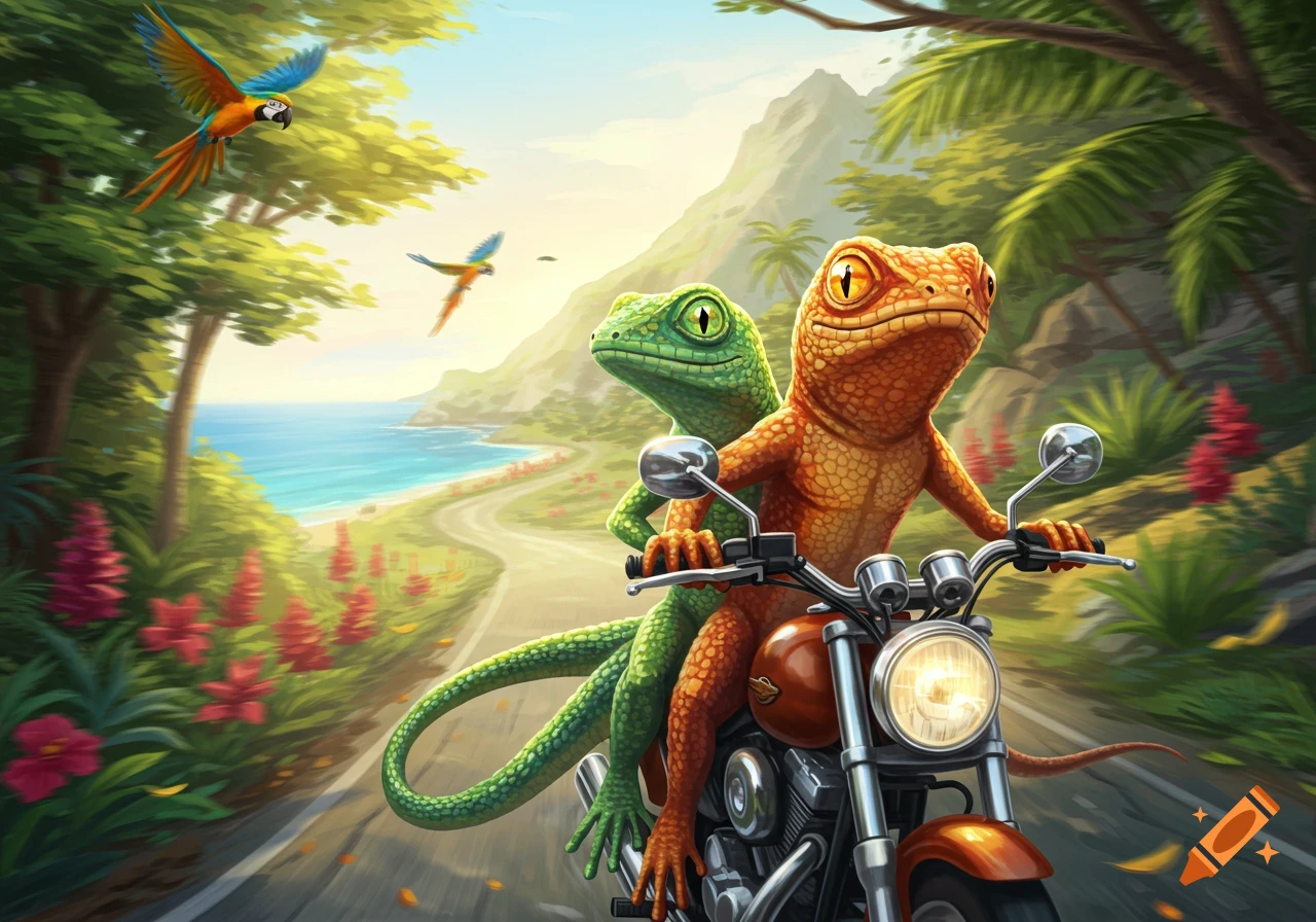 A vibrant illustration of an orange and a green lizard riding a motorcycle on a tropical coastal road, with parrots flying.
