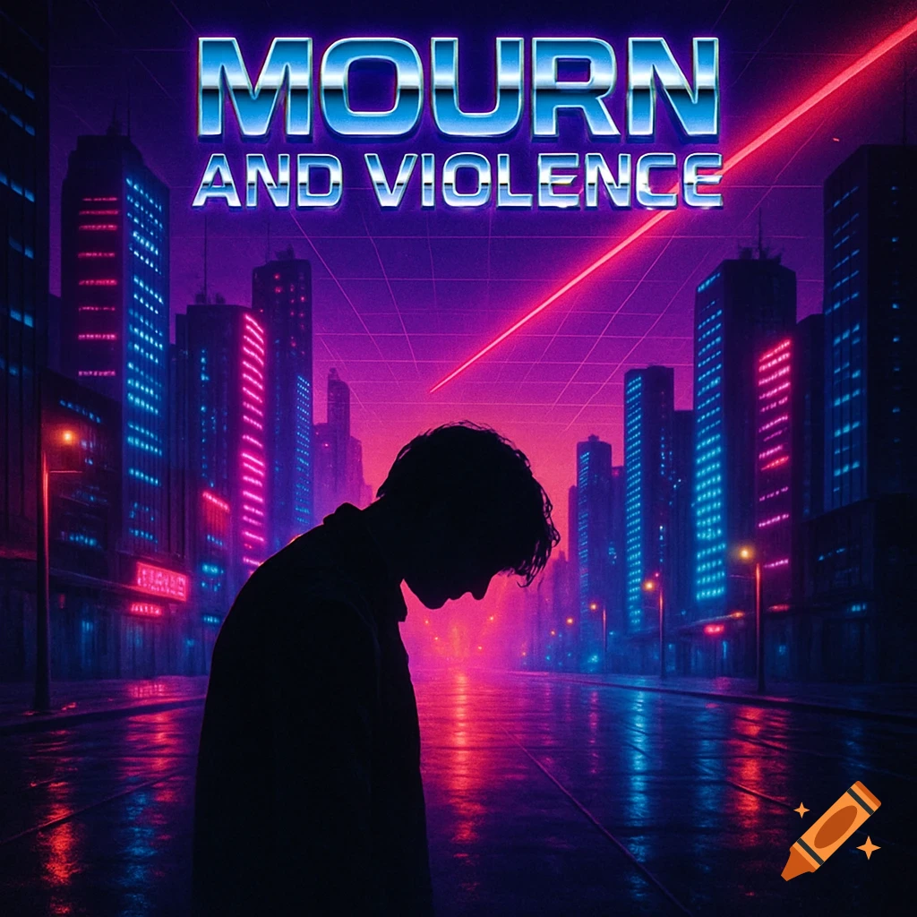 Synthwave art of a lonely silhouette on a wet, neon-lit city street at night, with "MOURN AND VIOLENCE" text above.