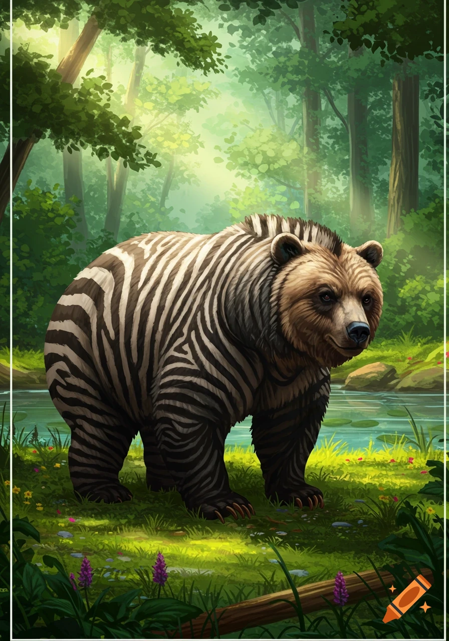 A fantasy bear with black and white zebra stripes stands in a sunlit green forest by a stream, in an illustrative style.