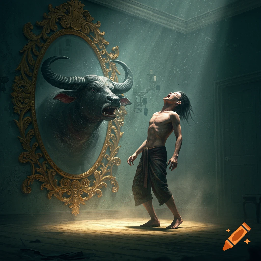 A screaming man in a dark room sees a monstrous buffalo head in an ornate mirror, a surreal dark fantasy.