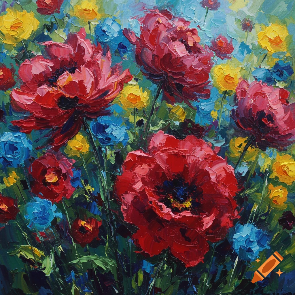 Close-up expressionist painting of vibrant red, yellow, and blue flowers with thick impasto brushstrokes.