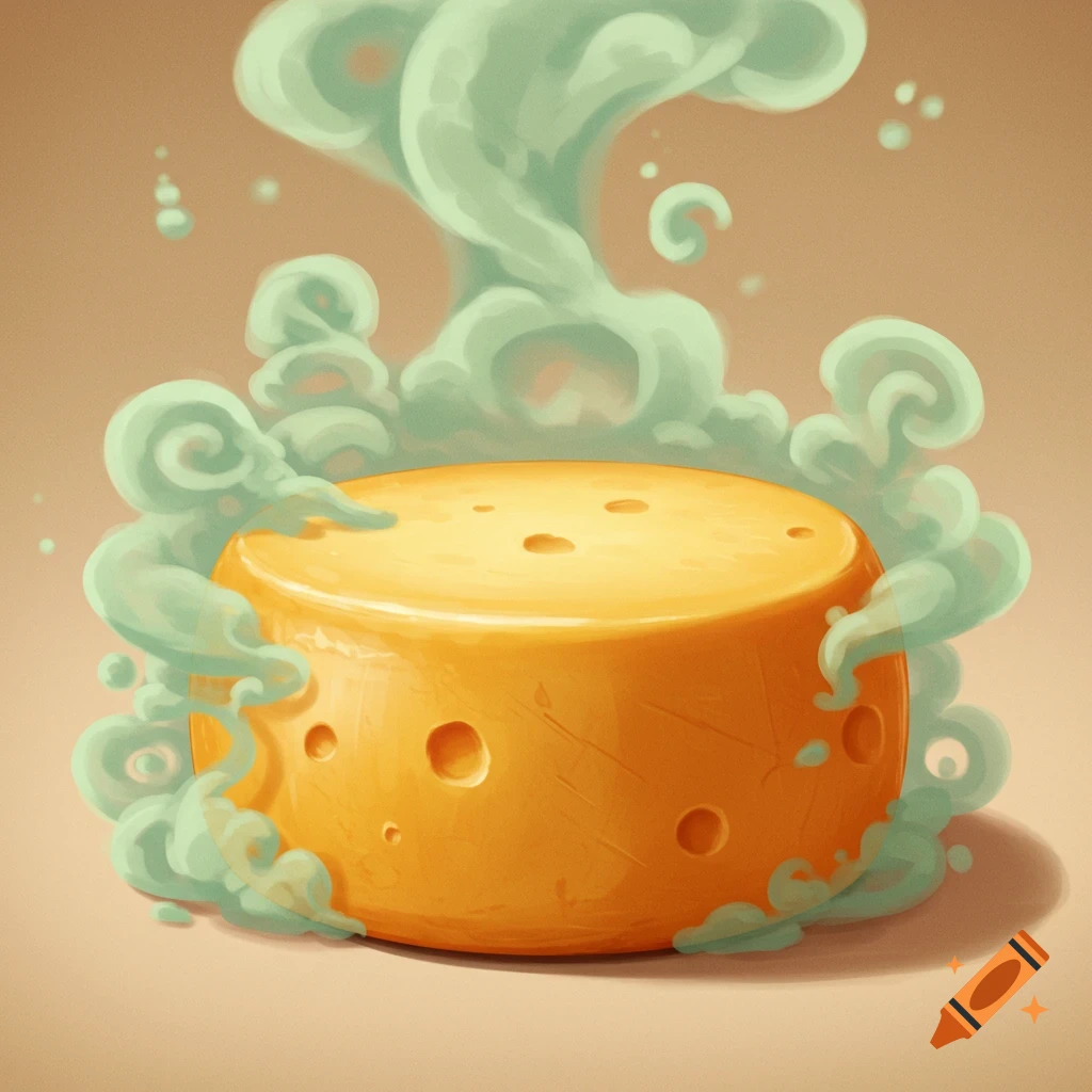 A stylized illustration of a round cheese wheel emitting green, swirling smoke against a light brown background.