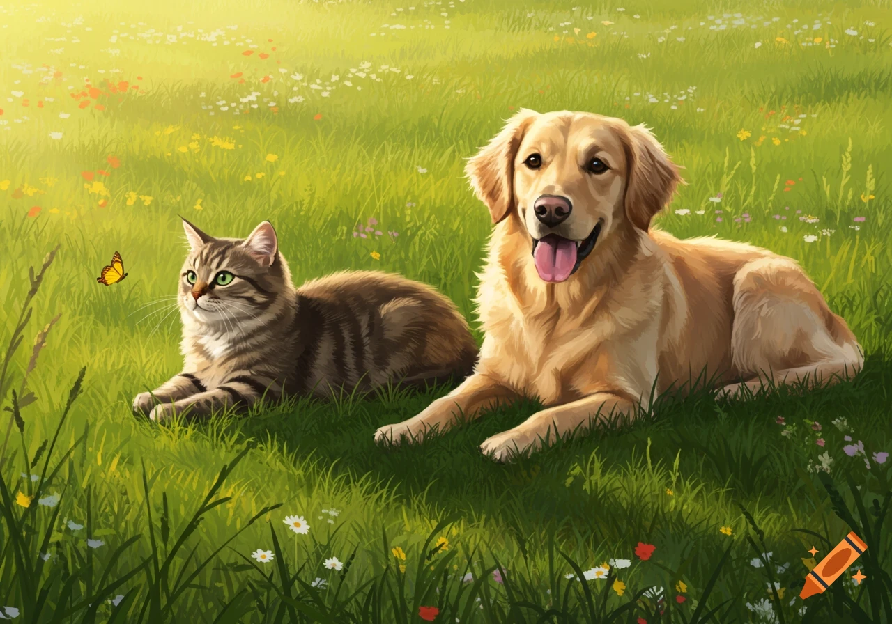 A tabby cat and a golden retriever lie in a sunny green meadow with wildflowers, a butterfly flutters near the cat. Illustrated.